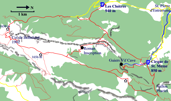 Sketch map of l'Aup du Seuil with some walks marked