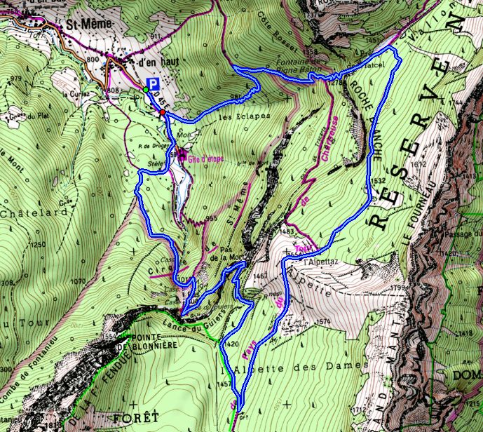 Map showing route the Habert de la Dame via Guiers Vif and the Pas de la Mort (Map: IGN 1:25,000 3333 OT)