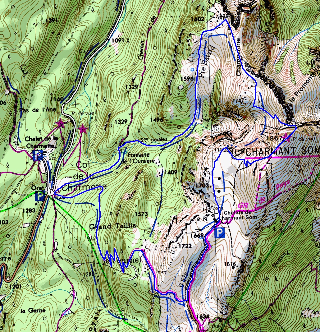 Map showing ascent of Charmant Som via col de Charmette (Map: IGN 1:25,000 3334 OT)