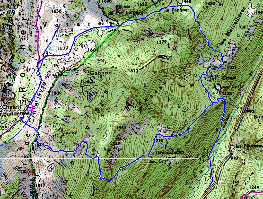Map showing the route of the Rochers des Chalves from Pomarey walk (Map: IGN 1:25,000 3334 OT)
