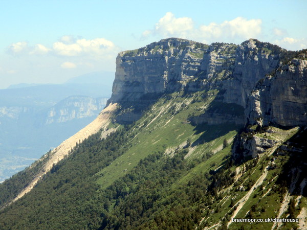 Photograph of a view of one of the 2016 landslips on Mont Granier from the summit of le Pinet