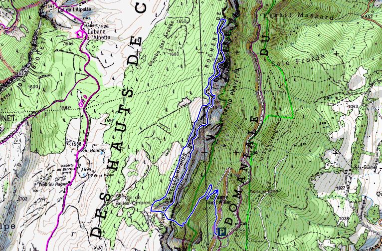 Map showing the approximate route of the Sangle de Belles Ombres walk (Map: IGN 1:25,000 3333 OT)