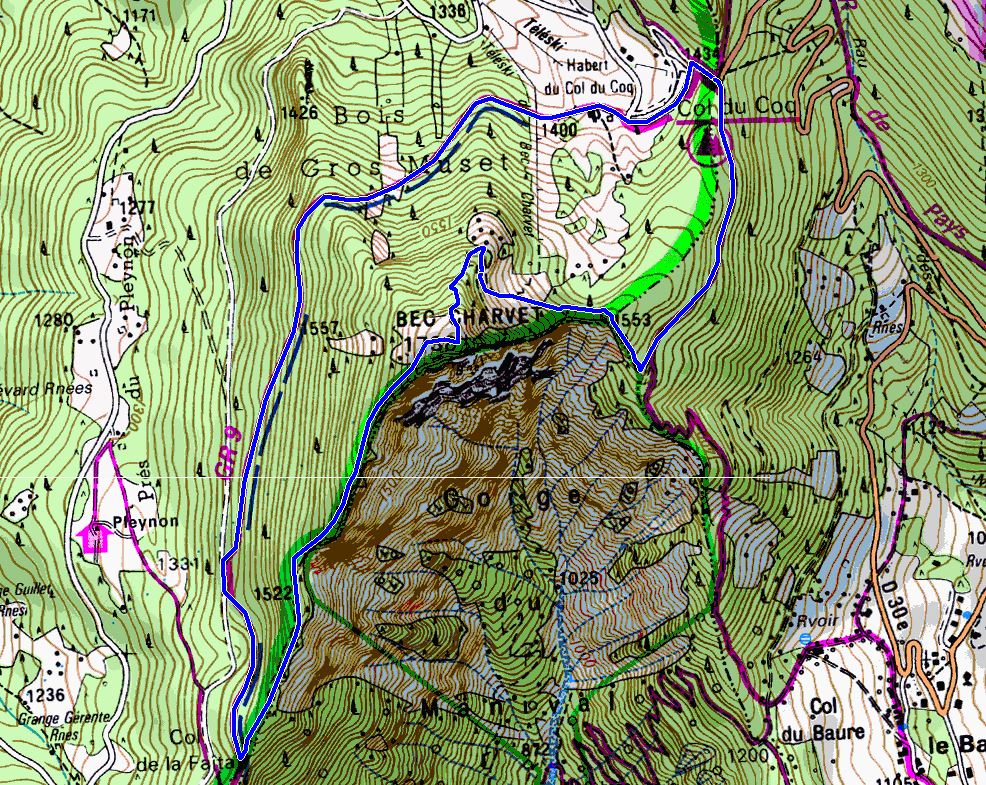 Bec Charvet, showing the the ascent from Col du Coq (Map: IGN 1:25,000 3334 OT
