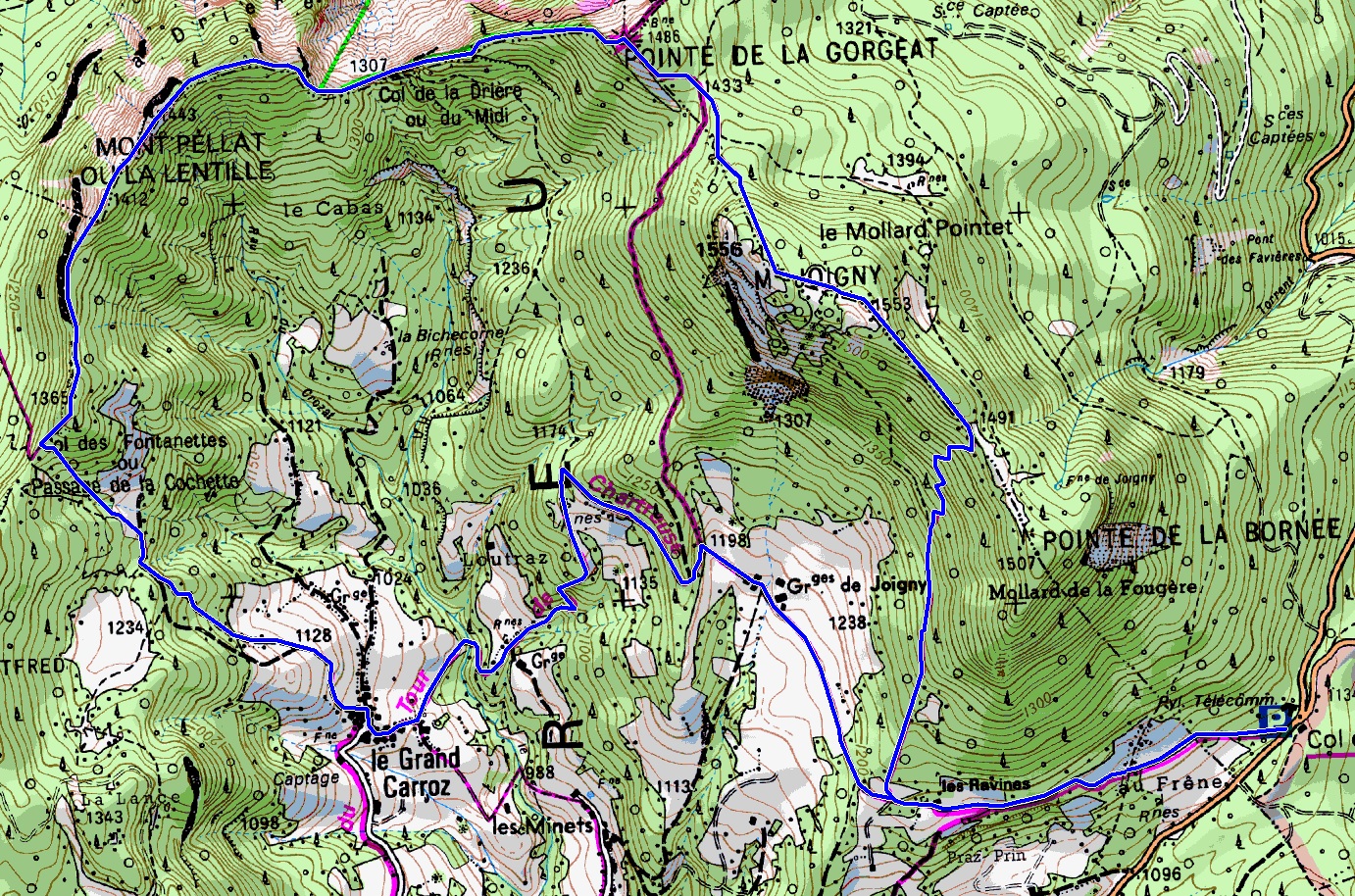 Map showing the tour of le Grand Carroz (Map: IGN 1:25,000 3333 OT