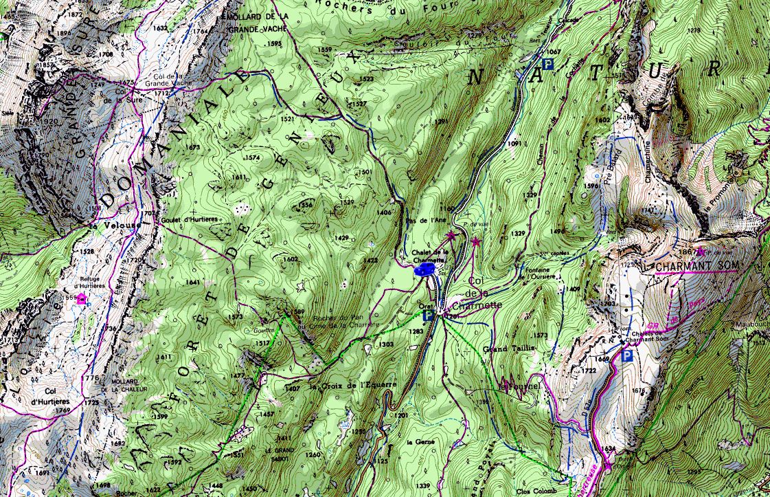 Map showing start of walks from Col de la Charmette (Map: IGN 1:25,000 3334 OT)