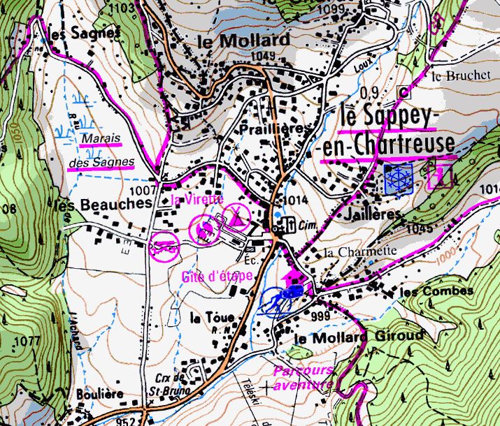 Map showing start of walks from le Sappey-en-Chartreuse (Map: IGN 1:25,000 3334 OT)