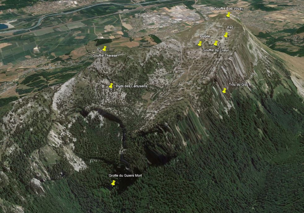 Dent de Crolles from the north-west showing 7 of the 13 entrances. The other six are on the far side.
